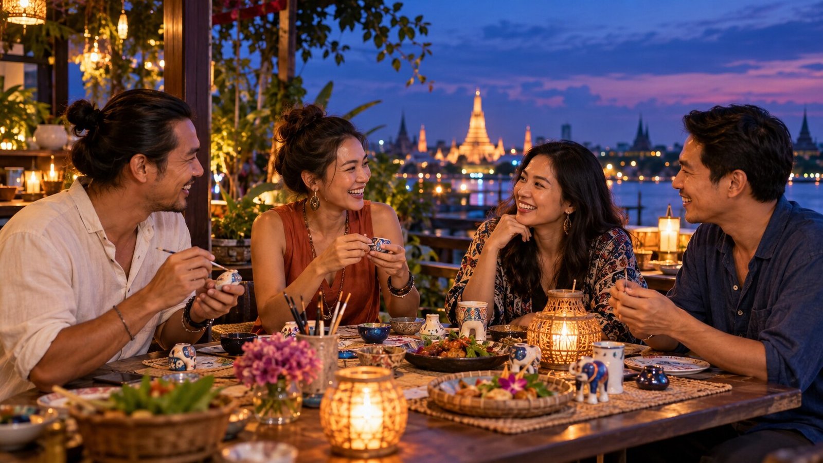 กลุ่มเพื่อนวัยทำงานทำกิจกรรมสร้างสรรค์และรับประทานอาหารร่วมกัน